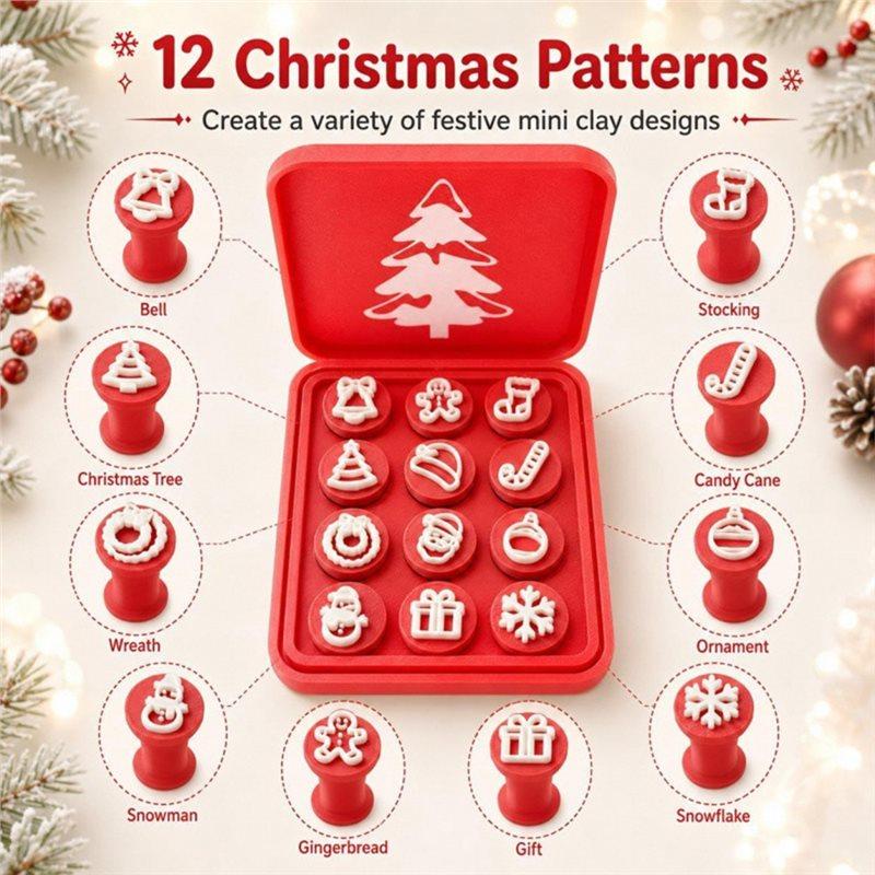 ABYN-12Pcs Christmas Pattern Clay Embossing Stamps With Storage Case, Pottery & Play Dough Stamp Tools For Holiday DIY Crafts