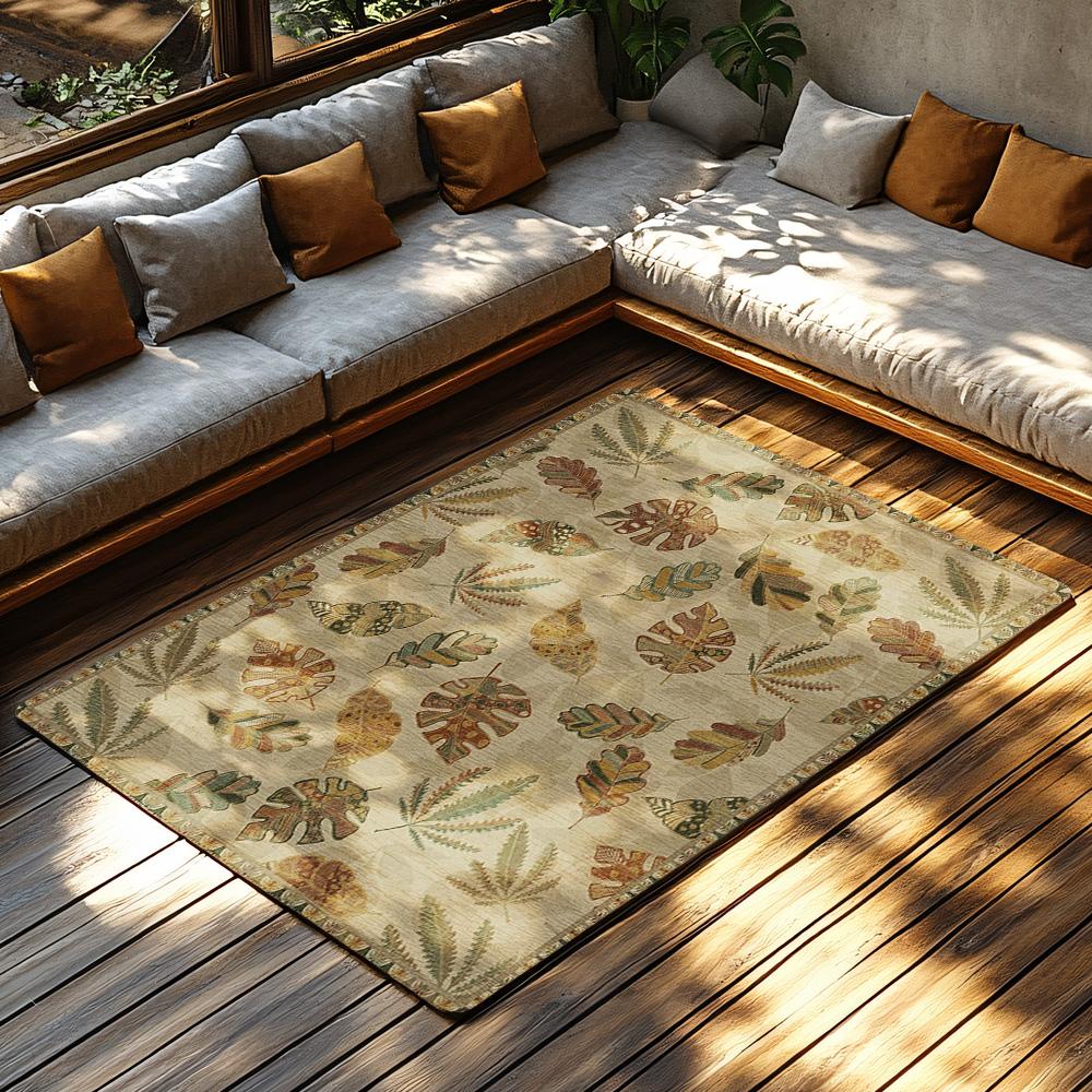 Leaf Pattern Bohemian Area Rug, Natural Tone Non-Slip Carpet, Cozy Living Room Mat for Plant Theme Decor