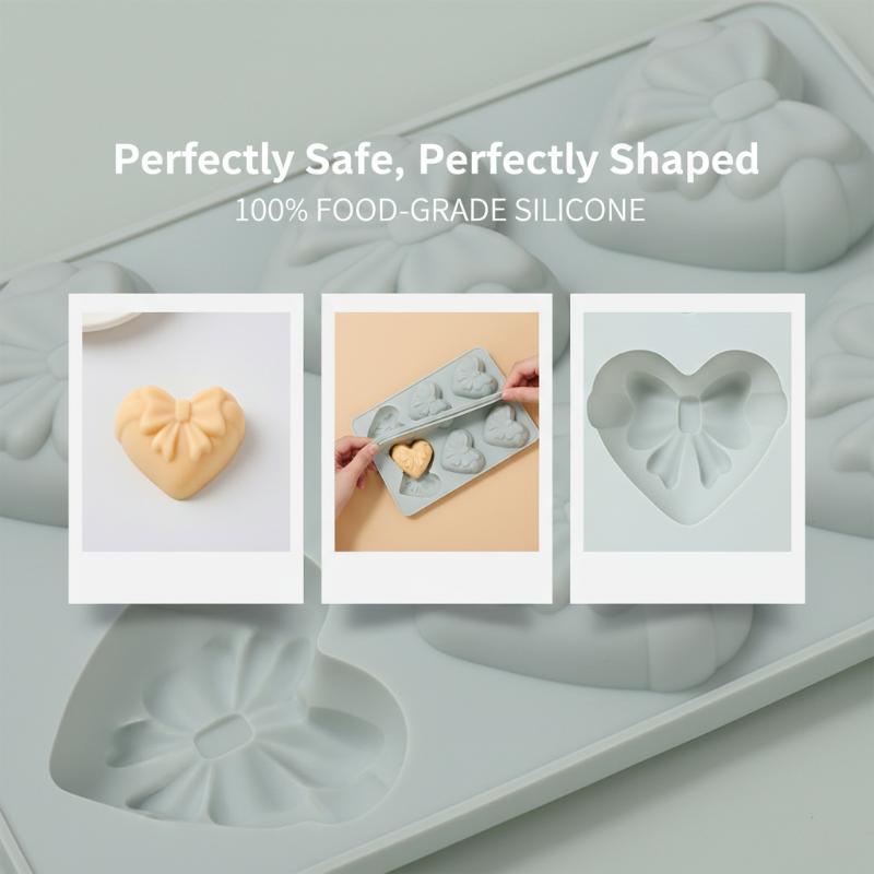 New 6 Cavities Heart Bow Shape Silicone Baking Mold Love Chocolate Candy Biscuit Ice Mould Cute Gifts Soap Candle Making Set