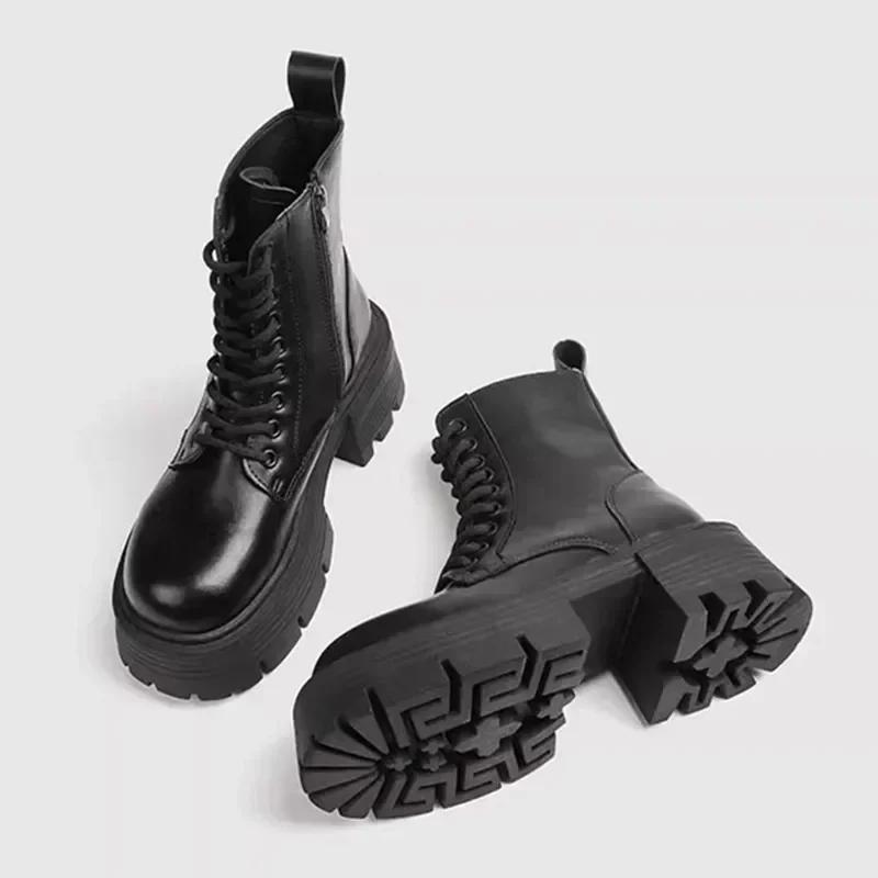 2025 Chunky Heel Black Mid Calf Platform Boots Women Fashion Lace Up Side Zip Design Soft Leather PU Biker Boots for Women Botas