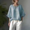 Womens Oversized Relaxed Fit Linen Cotton Blend Shirt Loose Round Neck Top Casual Plus Size