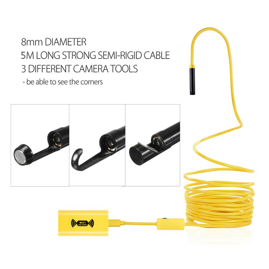 5M Hard Cable  8LED WiFi Endoscope Borescope Inspection HD 1200P Camera IP68 For