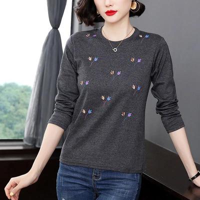 Damen Frühling und Herbst Dünn Größe Übergröße Locker Rundhals Bedrucktes Unterteil Langarm T-Shirt