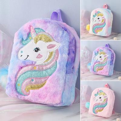 Niedliche Einhorn-Plüsch-Rucksäcke, Cartoon-Tier-Schultasche, Kinder, Winter-Schultaschen, Kinder, bunter weicher Plüsch-Rucksack, Mädchen-Taschen