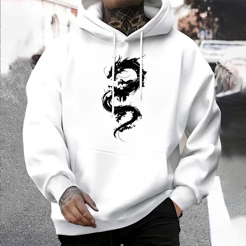Chinese Dragon Print Mens Hooded Sweatshirt Urban Street Style Hip Hop Fashion Hoodies Male Casual Cool Outerwear Autumn Winter