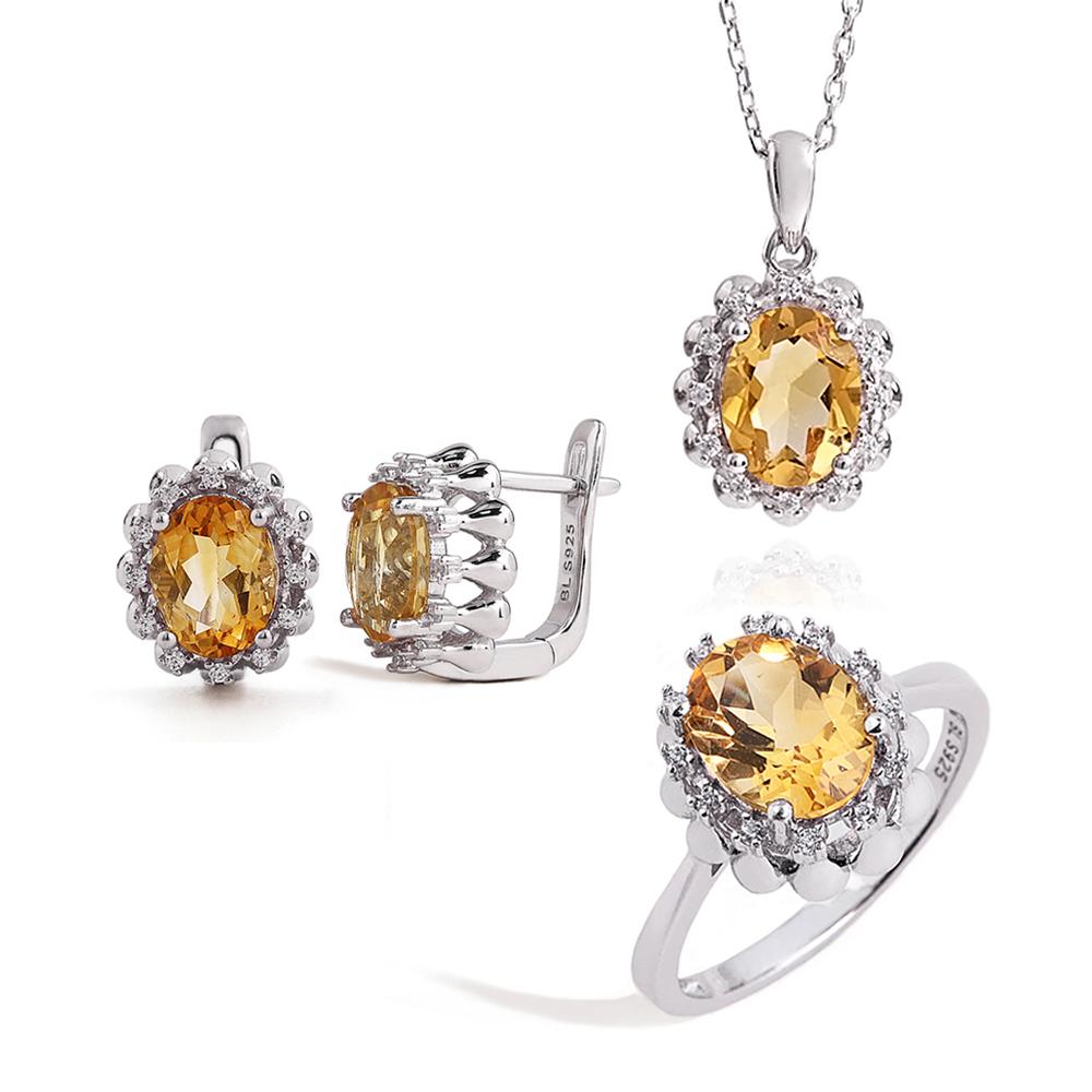 925 Sterling Silver Ring Earrings Pendant Necklace Nautral Oval 7*9mm Citrine Fine Jewelry Set for Women's Banquet Birthday Gift