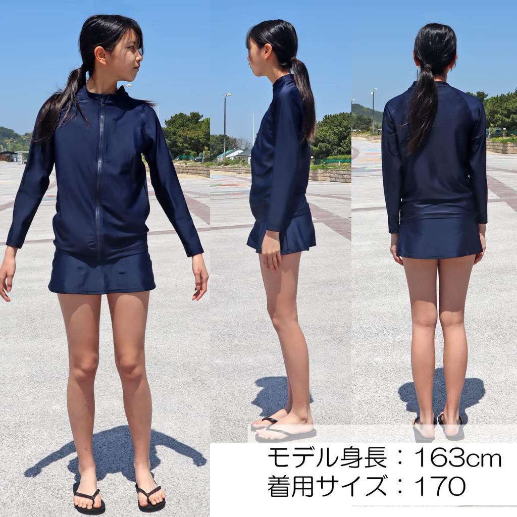 Long Sleeve School Rash Guard, Zip-Up, Unisex, for Kids and Juniors, Cross-002 (Navy, Size 130)