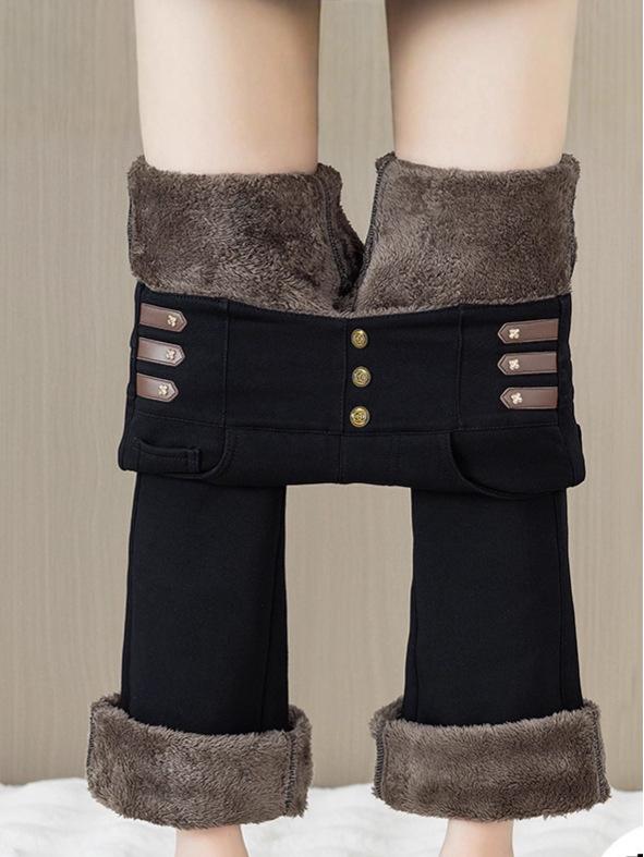 High Waist Velvet-Lined Denim Flare Pants for Women - Slimming, Elastic, and Warm Nine-Point Length