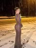 European & American Heavy Industry Rhinestone Sexy Slim-fit Long-sleeve See-through Evening Dress
