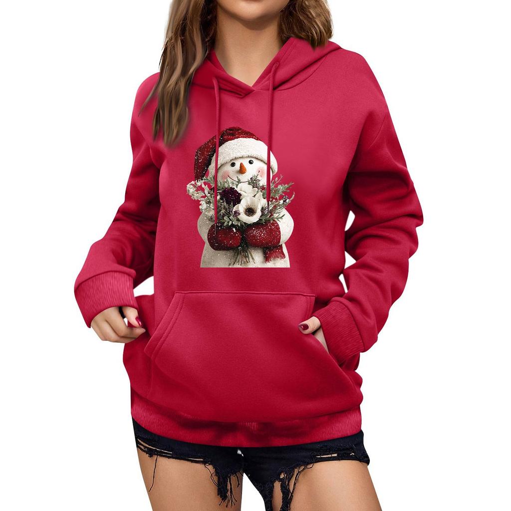 Women's Winter Christmas Printed Pullover Hooded Sweatshirt Fleece Long Sleeve Sweatshirt