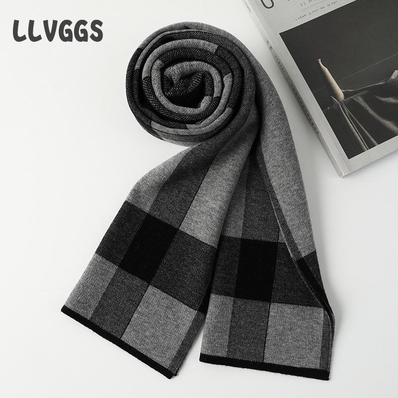 Pure Wool Men's Plaid Scarf Blue 2025 People Thickened To Keep Warm Autumn and Winter Business Leisure Scarf Tide