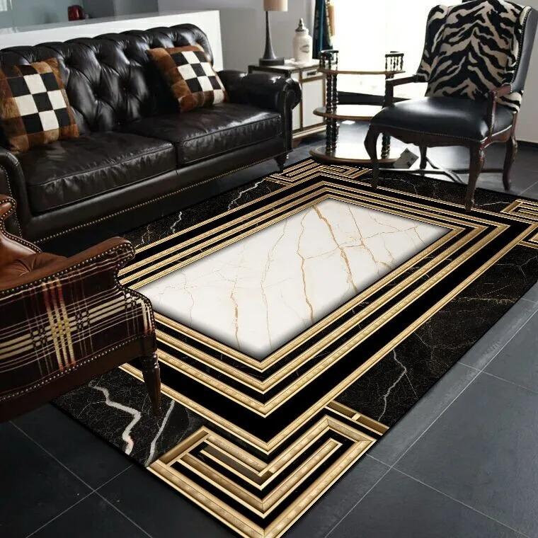 Black Gold Classical Carpets for Living Room Home Luxury Large Area Rugs Bedroom Decor Bathroom Anti-skid Washable Floor Mat
