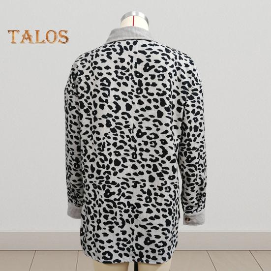 Women Spring Fall Coat Fake Chest Pocket Turn-down Collar Single-breasted Leopard Print Long Sleeves Mid Length Daily Wear Jacket