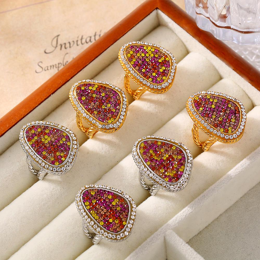European-American Water Drop Braided Ring, Colored Diamond, 18k Gold PVD-Plated Titanium Steel Fashion Jewelry