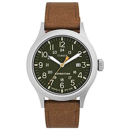 Orologio da polso Timex Expedition Scout da uomo cassa 40 mm color argento quadrante verde cinturino in pelle marrone Taglia 40
