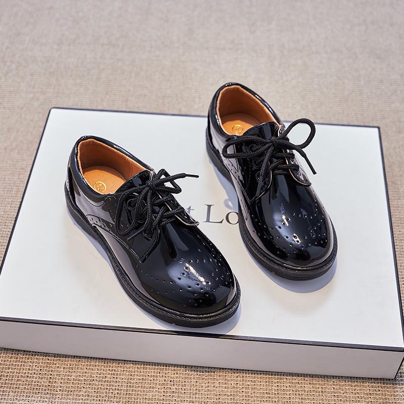 Boys' Black Leather Round Toe Soft Sole Performance Shoes