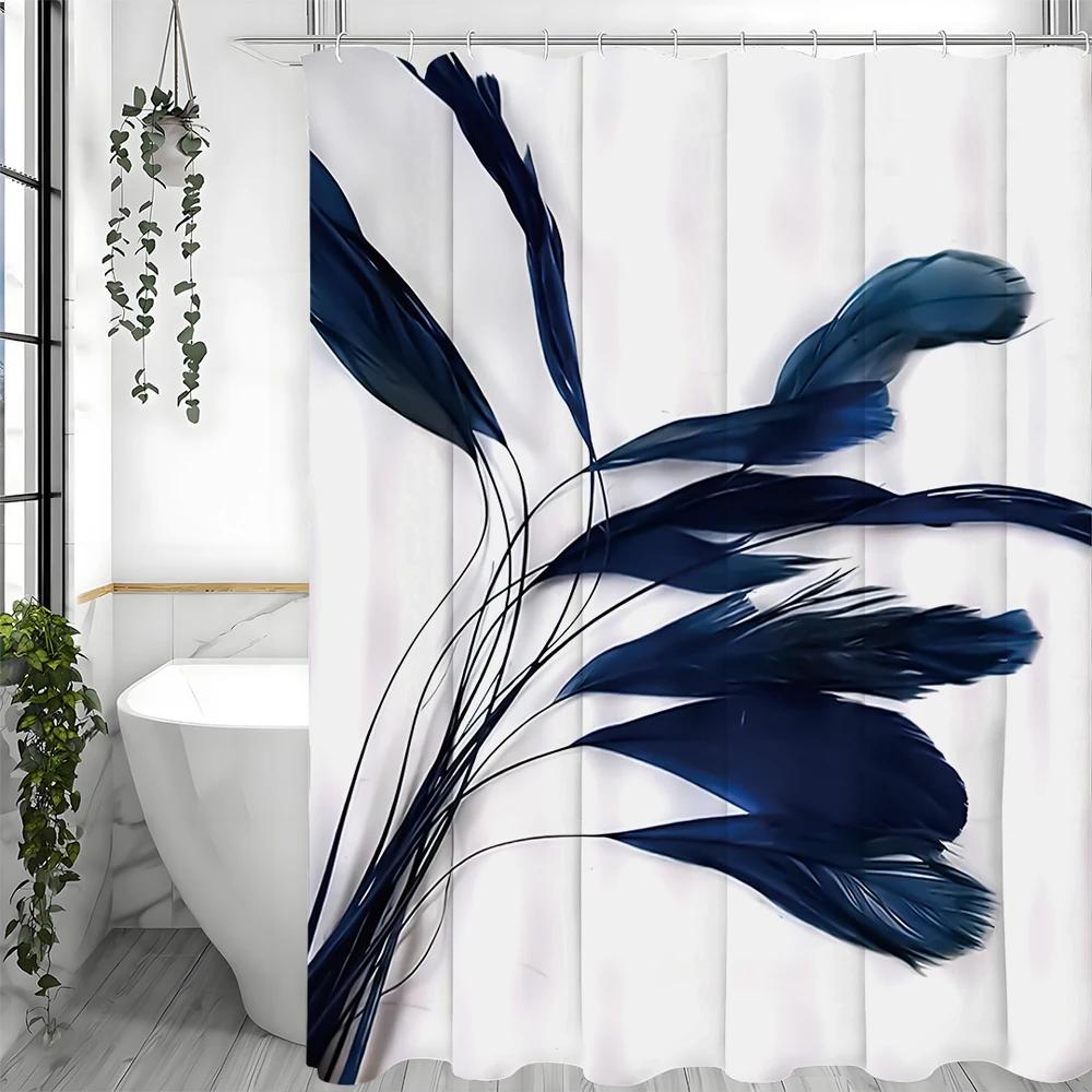 Blue Feather Shower Curtain, Bathroom Decorative Shower Curtain, Waterproof Shower Curtain with Hooks