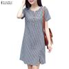 Women Plaid Print Casual V-Neck Summer Short Sleeve Dress