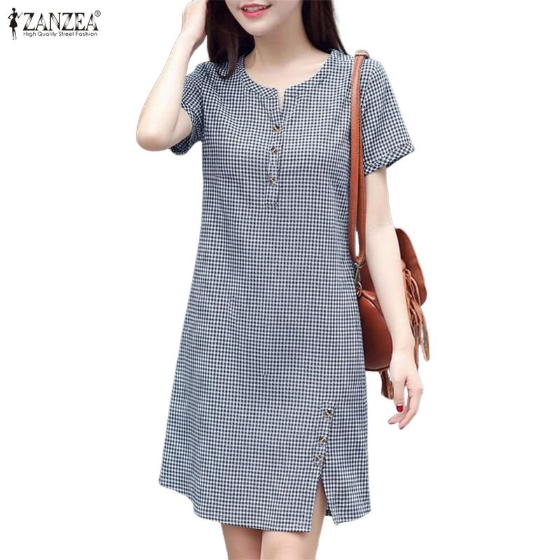 ZANZEA Women Plaid Print Casual V-Neck Summer Short Sleeve Dress