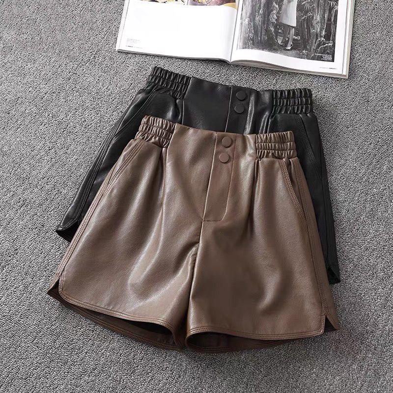 High-Waisted Women's PU Leather A-Line Shorts, Versatile Bootcut Wide-Leg Pants, Plus Size, 2025 Autumn/Winter Fashion