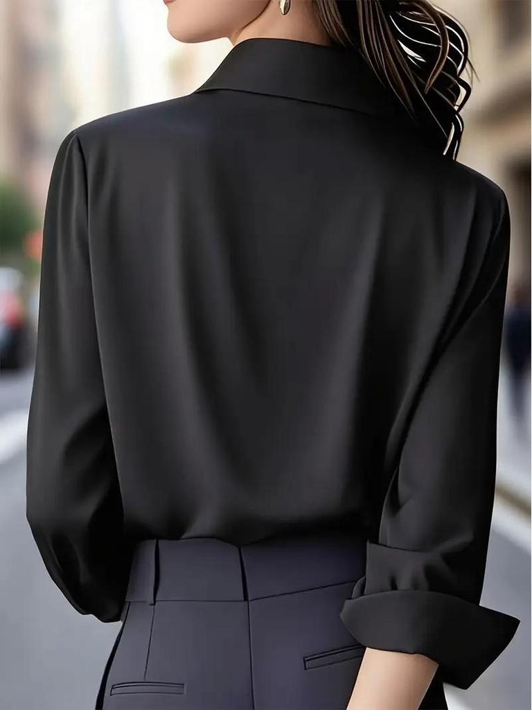 Autumn Women's Solid Color Satin Lapel Long Sleeve Versatile Shirt