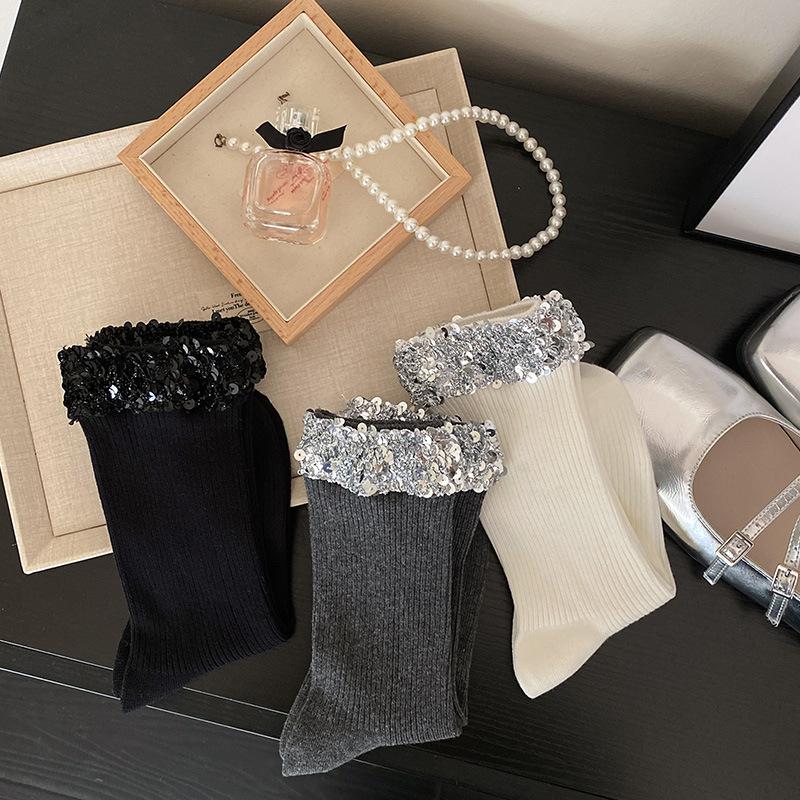 Ladies Spring and Summer Thin Style Personality Fashion Solid Color Heavy Industry Sequins Design Sense In The Tube Pile Socks