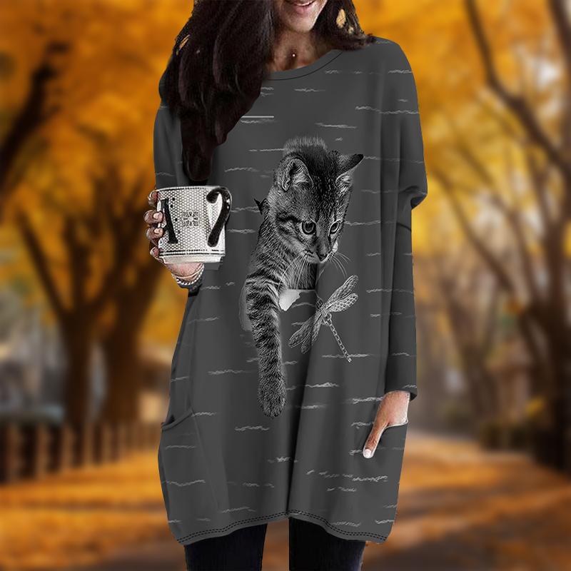 New In Autumn Cat Dragonfly Print Plus Size Dress Women O'neck Long Sleeves Casual Pocket Dresses