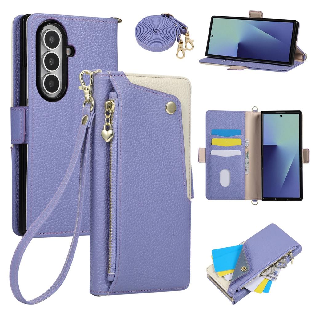 Crossbody Wrist Strap Case for Samsung Galaxy Z Fold 8 Ultra 7 6 5 4 3 5G Wallet with Card Holder Zipper PU Leather Flip Cover