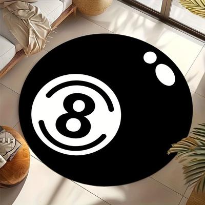 Modern Minimalist Style Round Floor Mat with Black and White Billiard Pattern, Machine Washable Suitable for Living Room Bedroom