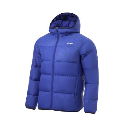 Li Ning Table Tennis Series Warm Windproof Color Block Printed Logo Hooded Short Down Jacket Men Jacket Royal-Blue AYMT023-1