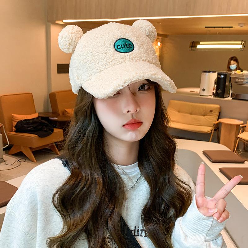 Lamb's Wool Baseball Cap for Women Korean Version Cartoon Cute Bear Ears Peaked Cap Casual Versatile Warm Hat for Women Trendy