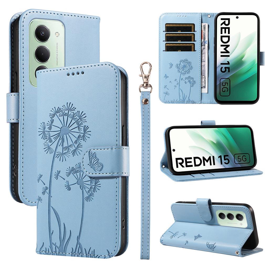 For Xiaomi Redmi 15 5G (Global) (169mm) Leather Wallet Case with Strap Dandelion Imprint Phone Stand Cover