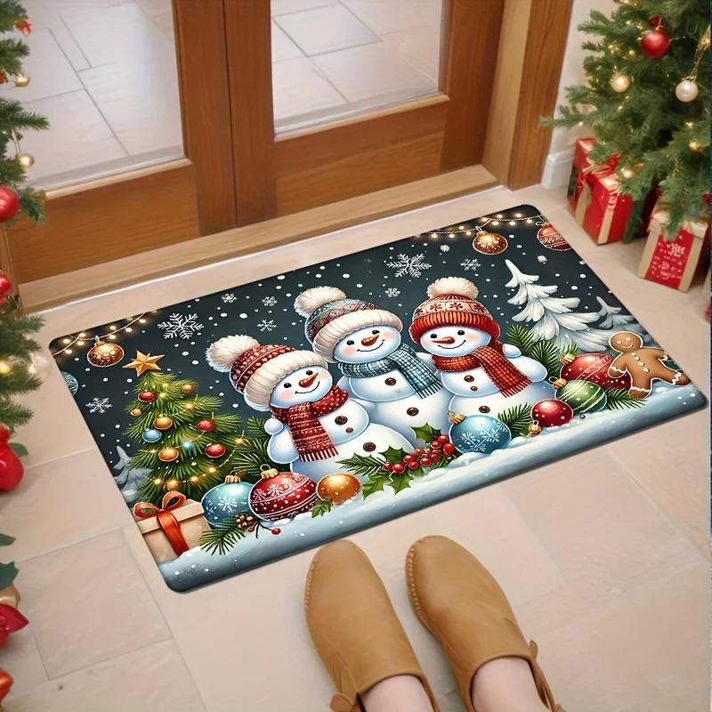 Winter Christmas Snowman Pattern Rug Bedroom Hallway Entrance Door Mat Non-Slip Stain-Resistant Rug Home Decor