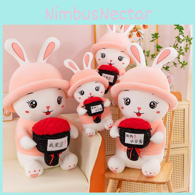 Lovethemed Rabbit Rose Stuffed Animal Fluffy Short Plush Valentines Present Day