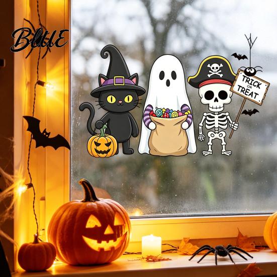 Halloween Window Cling Static Glass Sticker No Residue Reusable Clings Festive Sticker Decal with Dwarf Wizards Black Cats Ghosts Skeletons Pattern