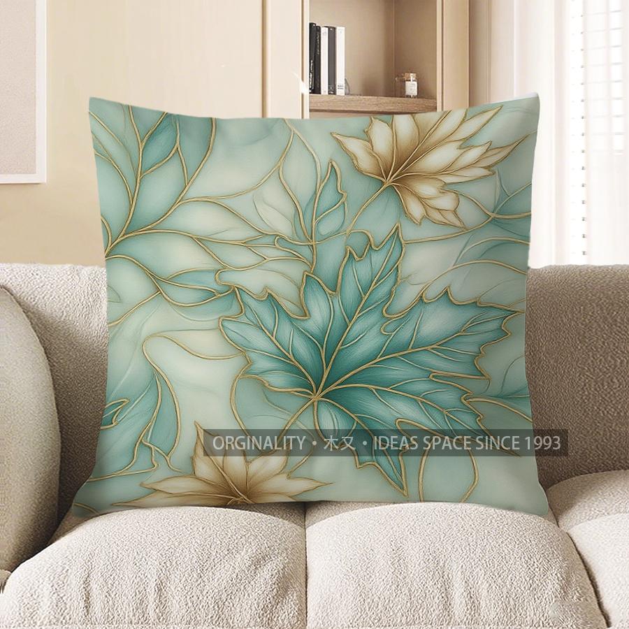 Home Decor Teal & Gold Leaf Pattern Throw Pillow Cover Pattern Cushion Cover Suitable For Sofa Bedroom Car Pillow Cover