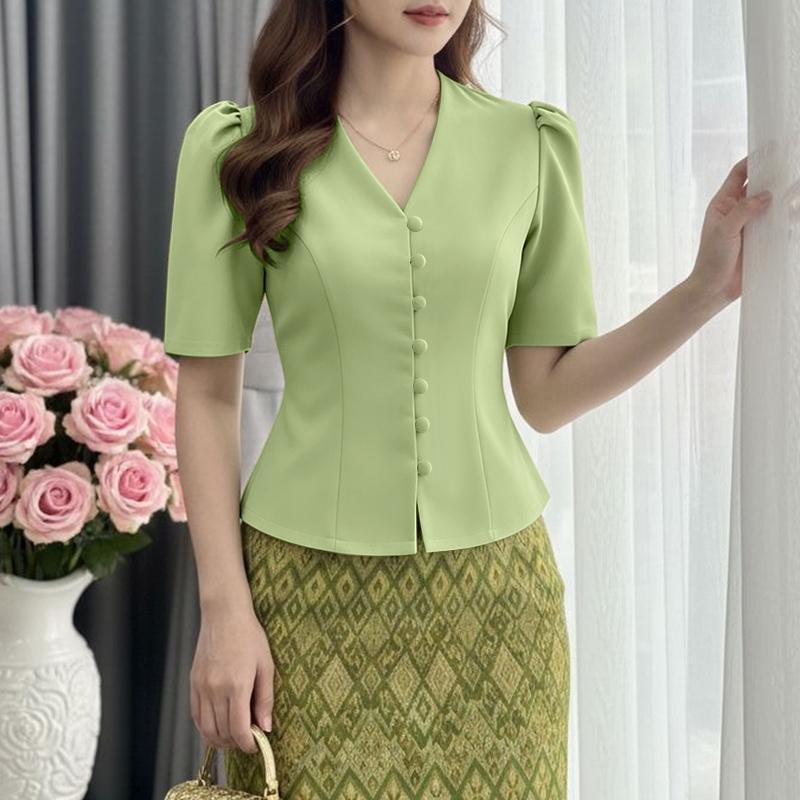 ZANZEA Women Elegant V-Neck Solid Color Summer Casual Short Sleeve Blouse S зелёный
