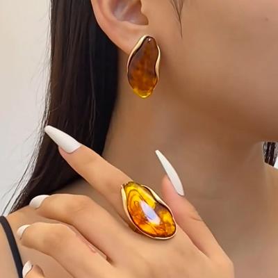 1/2Pcs  Design Maillard Irregular Resin Geometric Adjustable Ring Earring Matal Rust Proof Finger Jewelry Gift