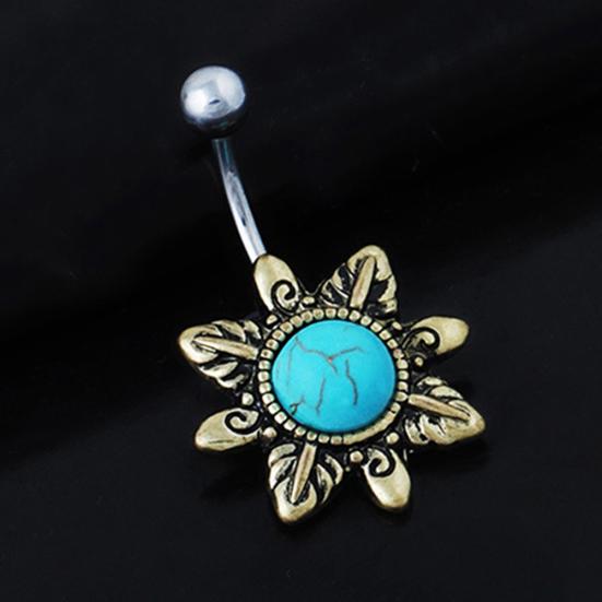 Retro Sunflower Turquoise Belly Button Navel Bar Ring Body Piercing Barbell Gift