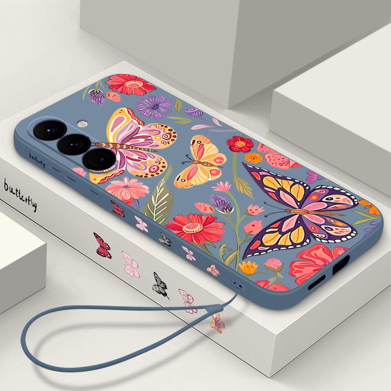 Butterfly Flower Phone Case For Samsung Galaxy A56 A17 A26 A16 A36 A55 A54 A53 A15 S24 S25 FE S25 S22 S23 Ultra Plus Lanyard Soft Cover