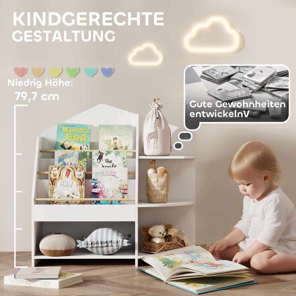 Children's shelf with 7 shelves for books and toys, rounded edges, supports 40 kg, white