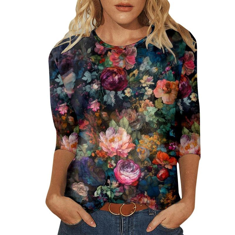 Women's T-shirt 3d Print Vintage Floral Print Casual Long Sleeve Round Neck Regular Tops Daily Print Pink, Spring and Autumn