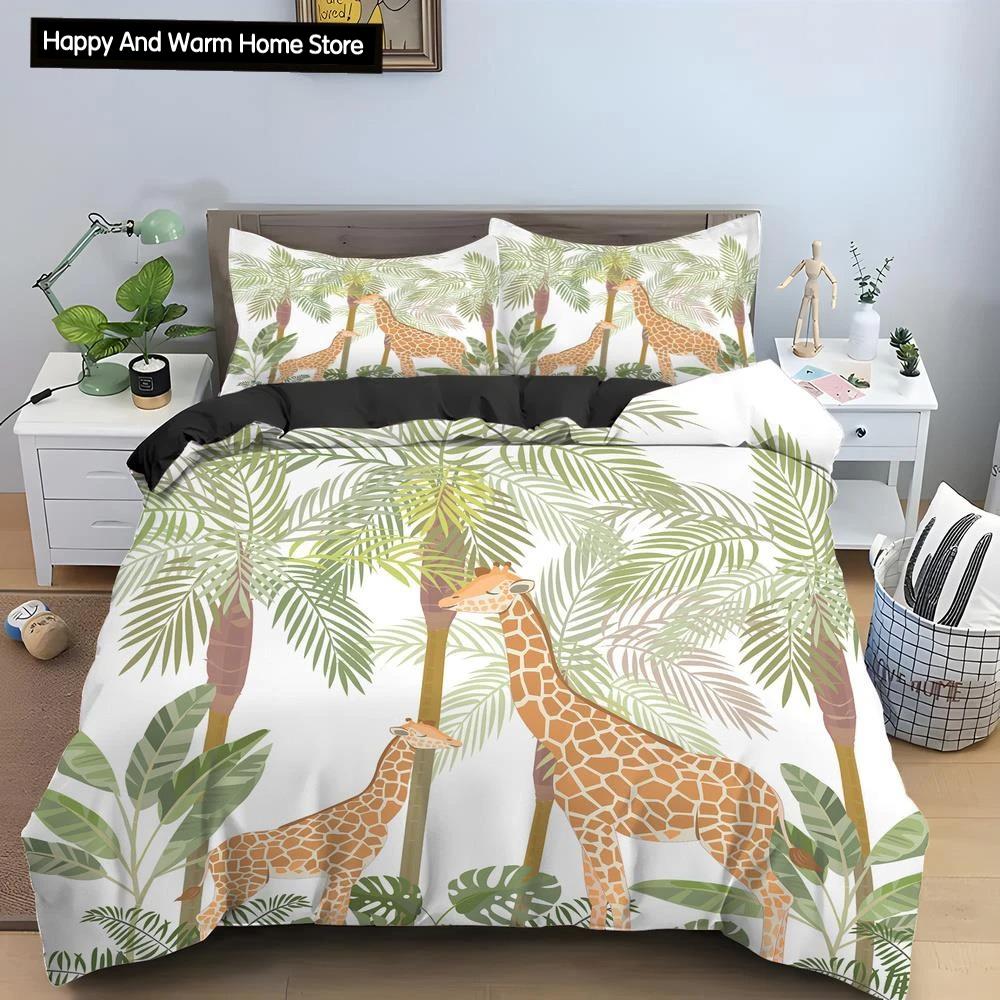 Cartoon Giraffe König Königin Bettbezug Jungen Mädchen Tier Bettwäsche Set Wildtiere Deckenbezug Polyester Bettdecke