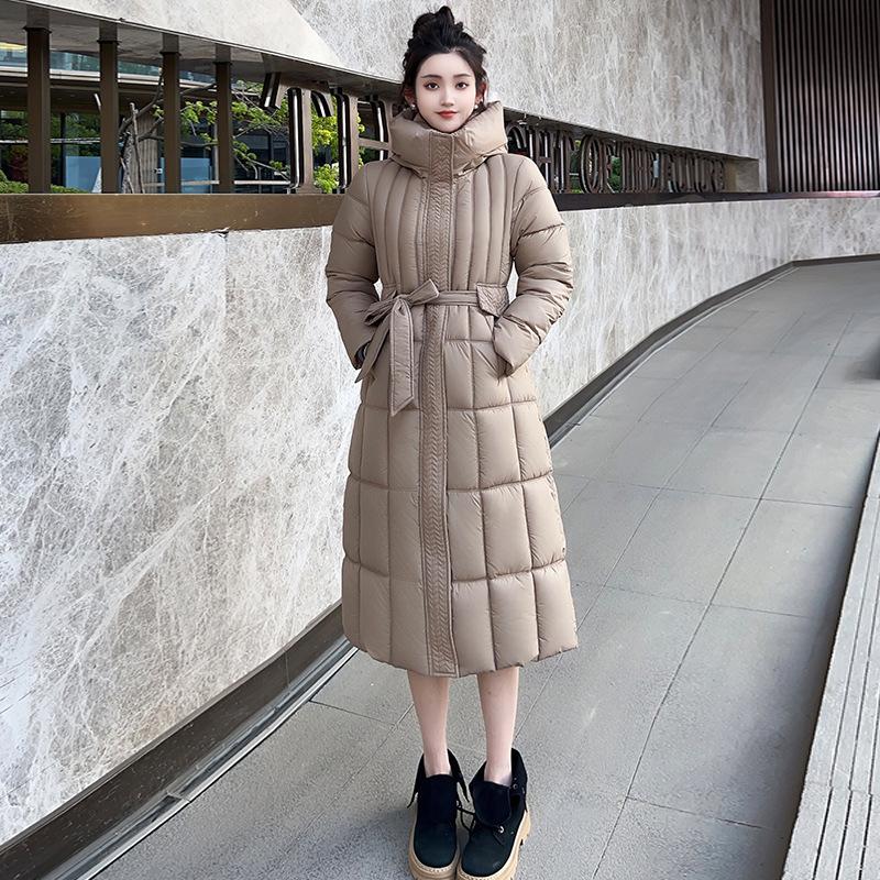 Large size cotton-padded clothes for women over the knee, long slim and thin belt, solid color fashion cold-proof clothes, large cotton-padded clothes