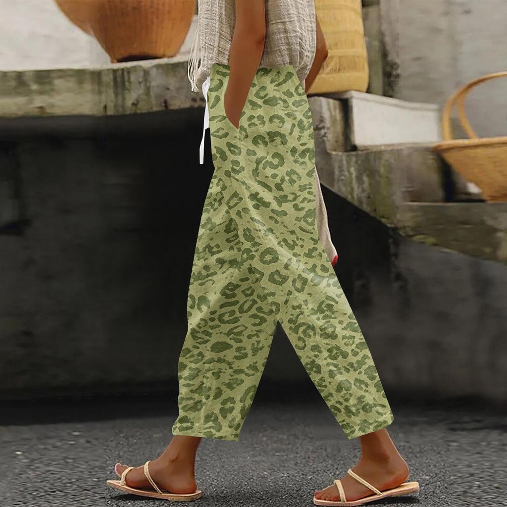 Women's Leopard Print Casual Pants with Elastic Waistband and Side Pockets