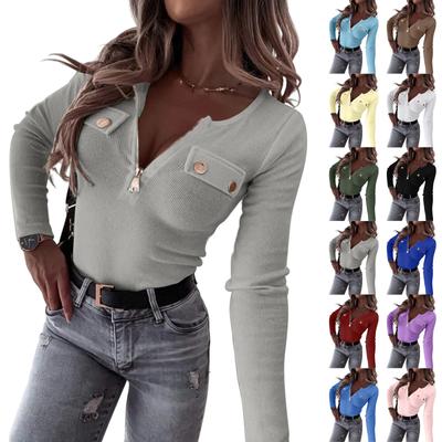 Women's Fashion Casual Knit Slim Long Sleeve Pullover Zipper Top Blouse