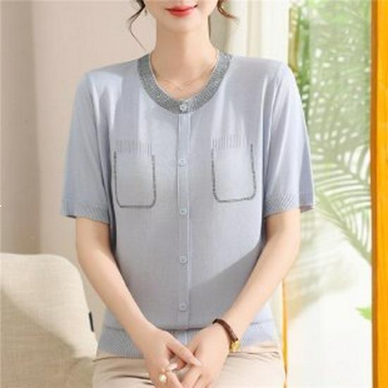 Elegant Ice Silk Short-Sleeve Knitted Top for Middle-Aged Women 2XL синий