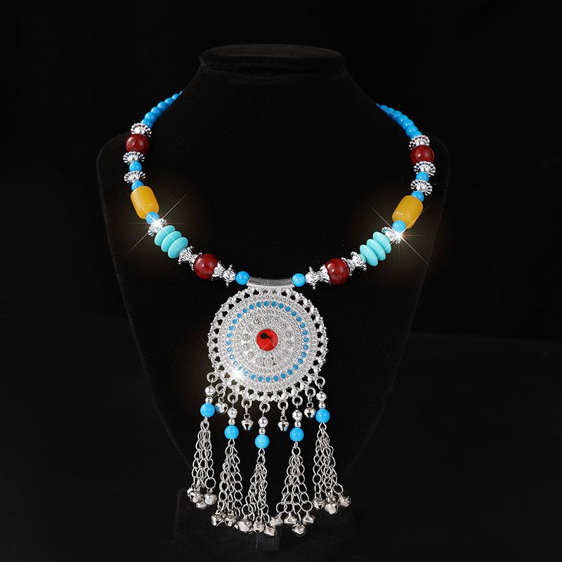 Retro Yunnan Ethnic Style Collar Women's Handmade Imitation Miao Silver Beaded Exaggerated Necklace Set Chain Stall Necklace