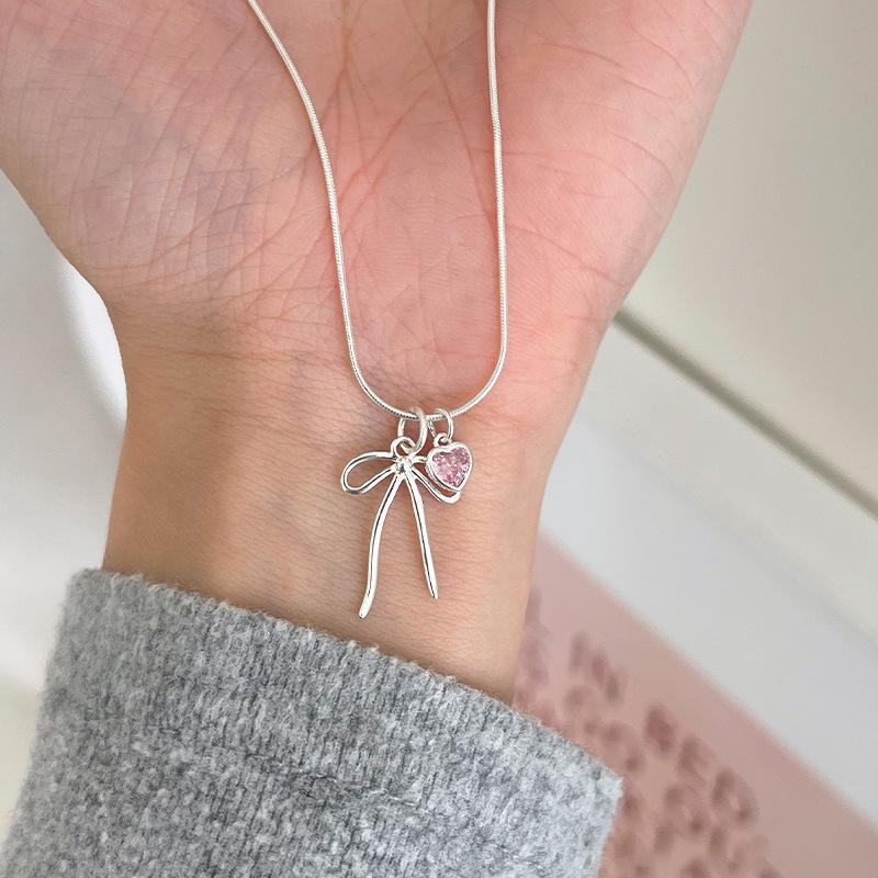 Pink Geometric Heart Bow Necklace - Trendy Women s Clavicle Chain Style