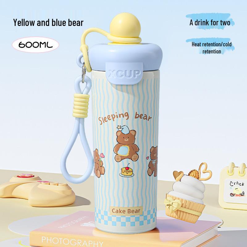 

316 Stainless Steel Insulated Straw Cup for Women & Students - Cute Cartoon Water Bottle with Handle for Outdoor Use. 600ml